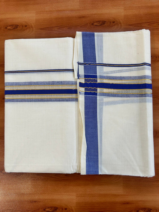 Double Off White - (Unbleached) Mundu/Dhoti - 20% Discount! KaithariKada Balaramapuram Mixed Cotton - 60s - 1.5 inch Gold Kasav & Tissue Violet Blue Striped Kara - 4 mtr (8.5 Muzham) - 25 KK5413 GAN