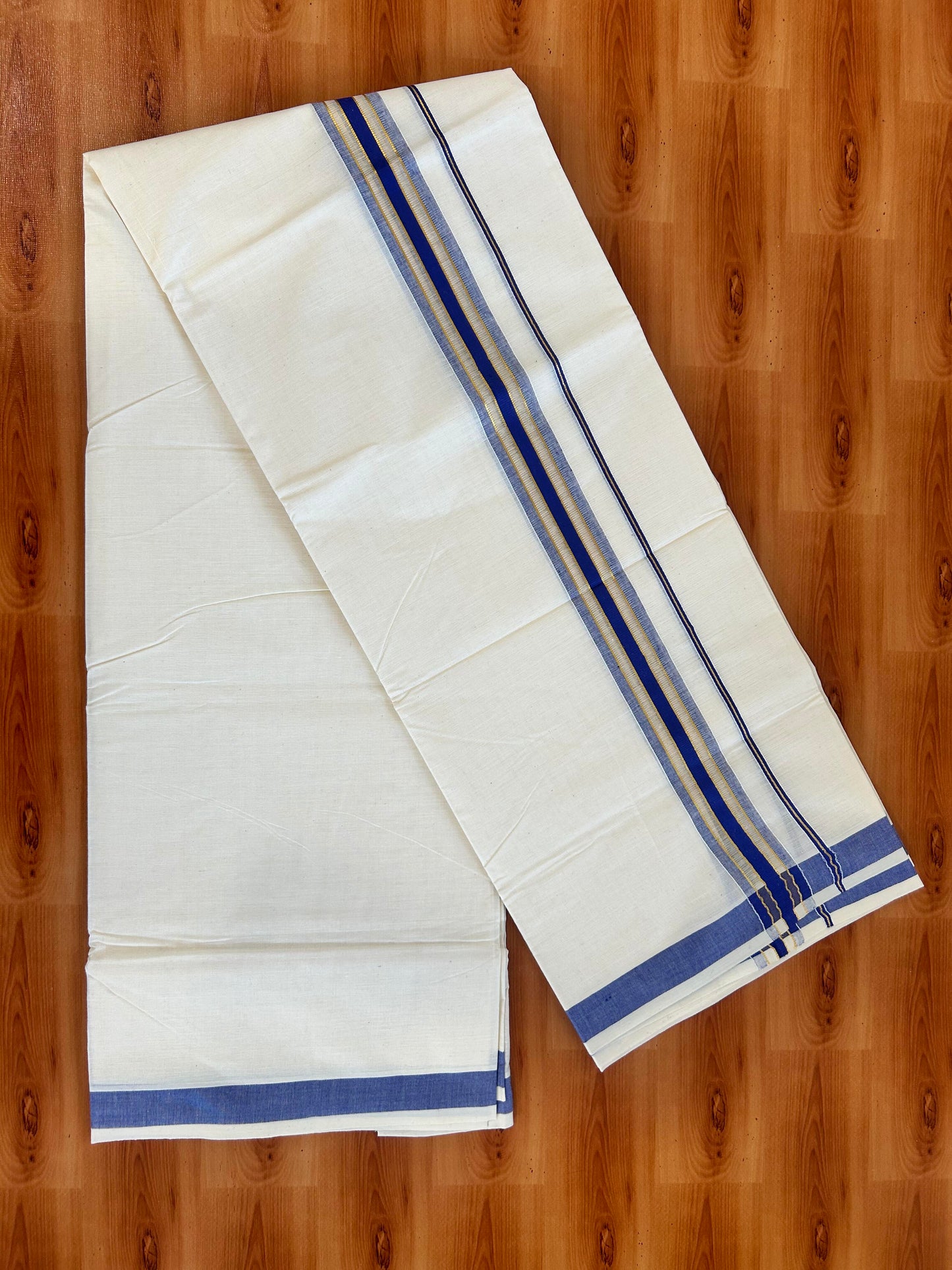 Double Off White - (Unbleached) Mundu/Dhoti - 20% Discount! KaithariKada Balaramapuram Mixed Cotton - 60s - 1.5 inch Gold Kasav & Tissue Violet Blue Striped Kara - 4 mtr (8.5 Muzham) - 25 KK5413 GAN