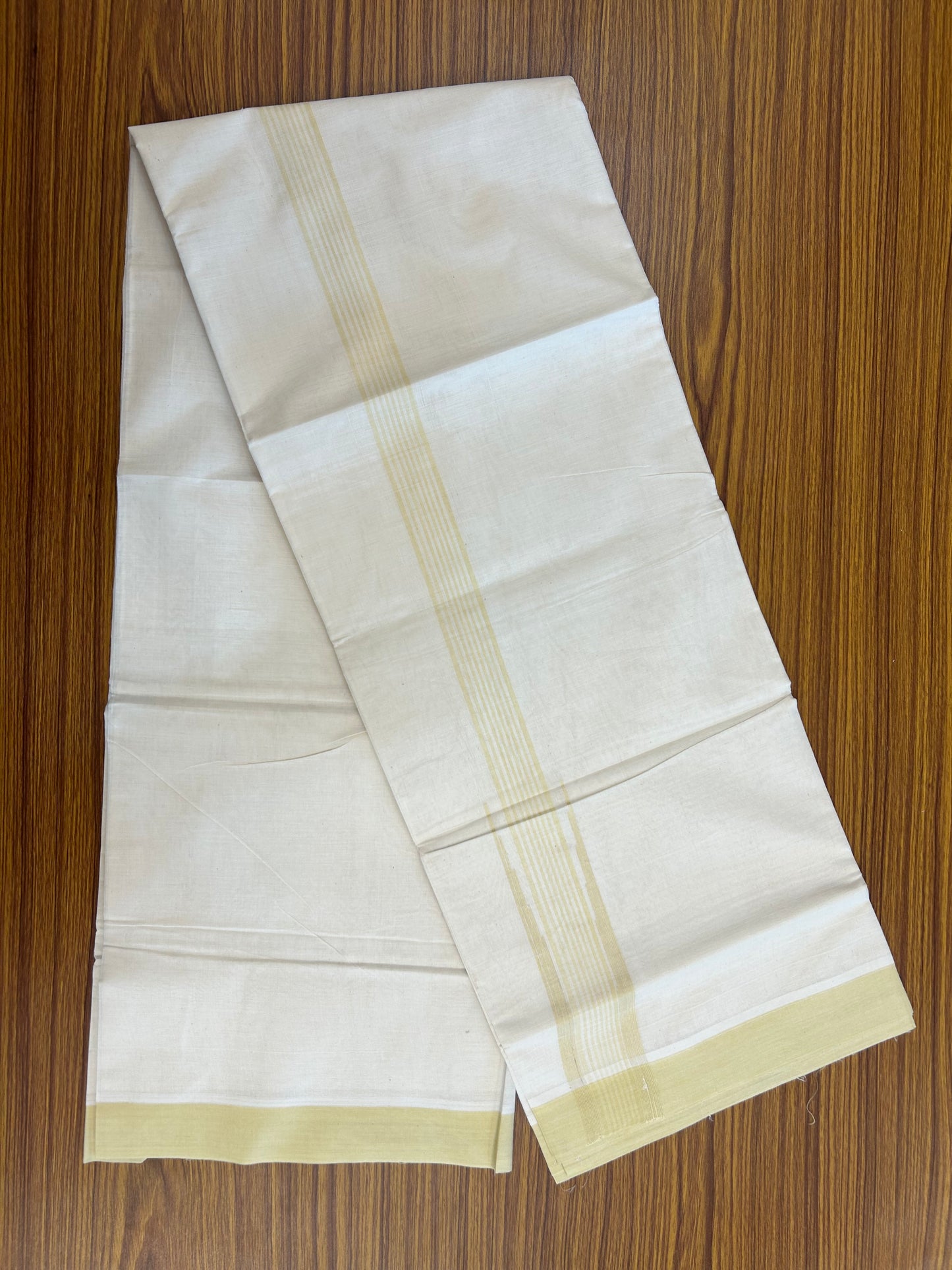 20% Discount ! Kaitharikada Balaramapuram 100% Cotton Off White Double Mundu/Dothi  - 100x80- 2 Inch Puliyilakkara Light Yellow Striped Chutty Kara - 4mtr (8.5muzham)- 21 KK5250 VIN