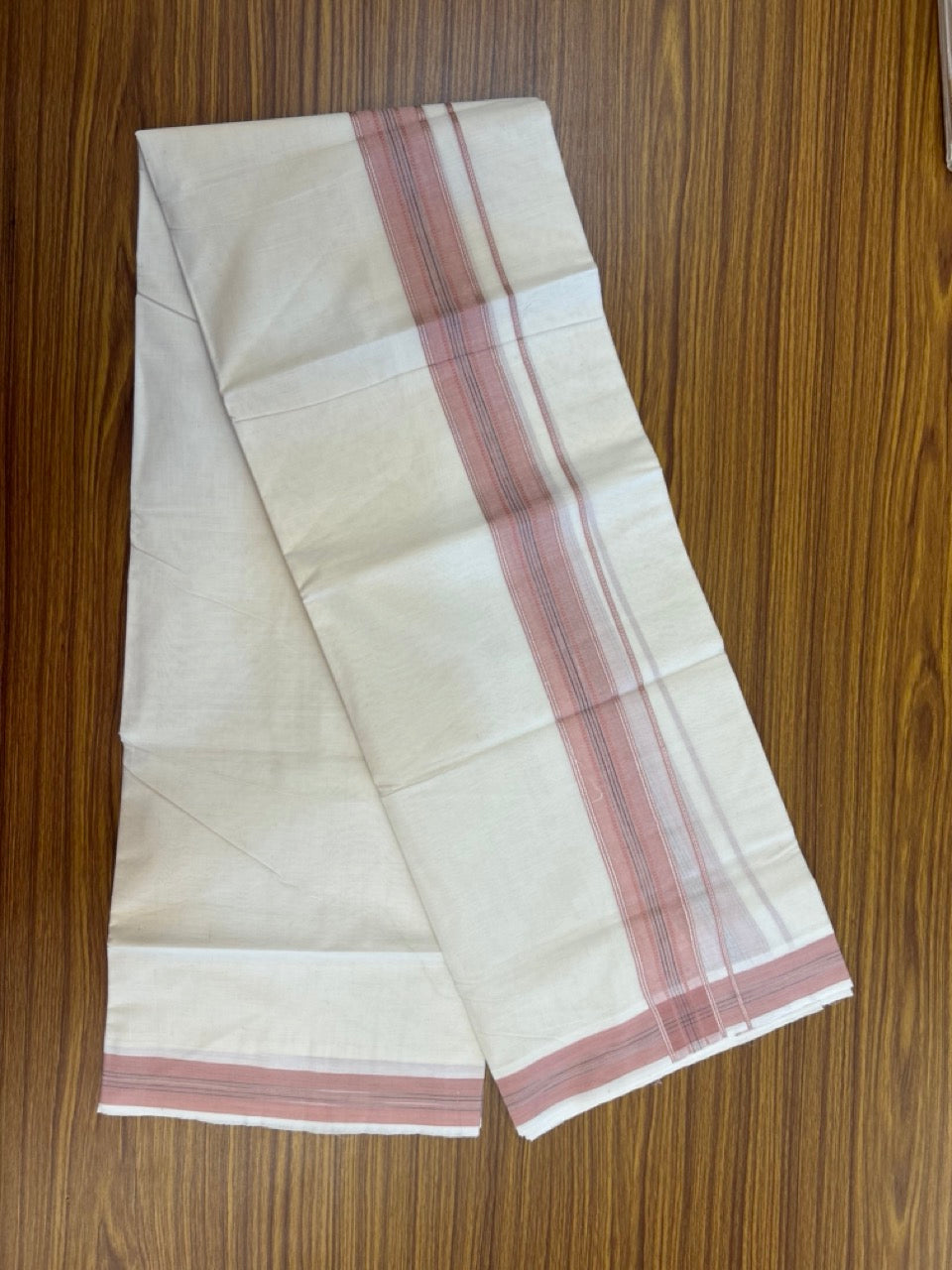 20% Discount ! Kaitharikada Balaramapuram 100% Cotton Off White Double Mundu/Dothi  - 100x80- 1.75 Inch Silver Kasav Peach Pink & Black Striped Kara - 4mtr (8.5muzham)- 17 KK5279 CKS