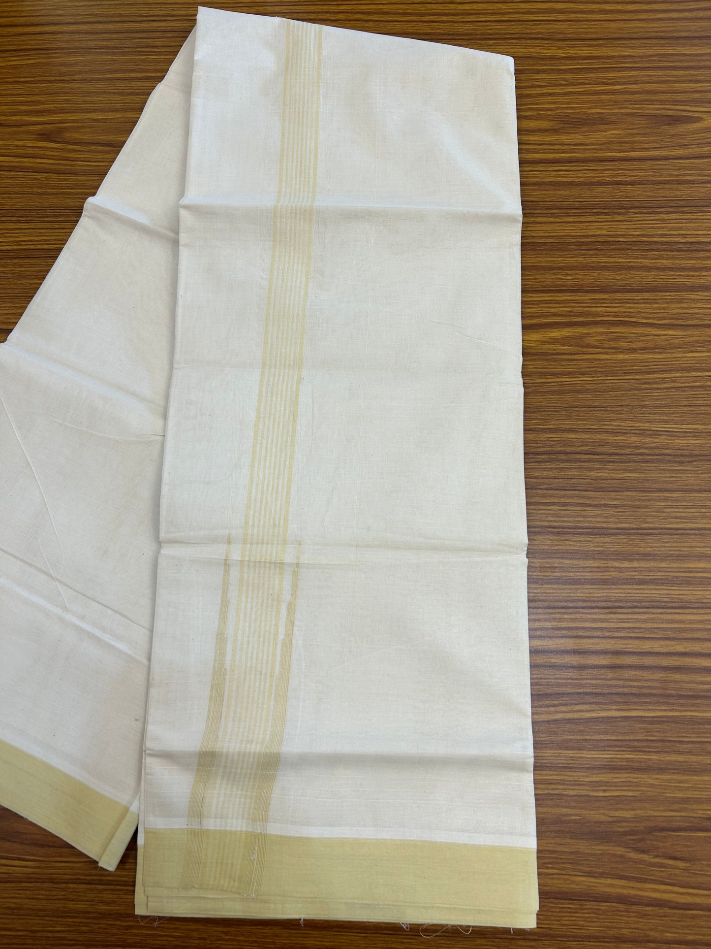 20% Discount ! Kaitharikada Balaramapuram 100% Cotton Off White Double Mundu/Dothi  - 100x80- 2 Inch Puliyilakkara Light Yellow Striped Chutty Kara - 4mtr (8.5muzham)- 21 KK5250 VIN