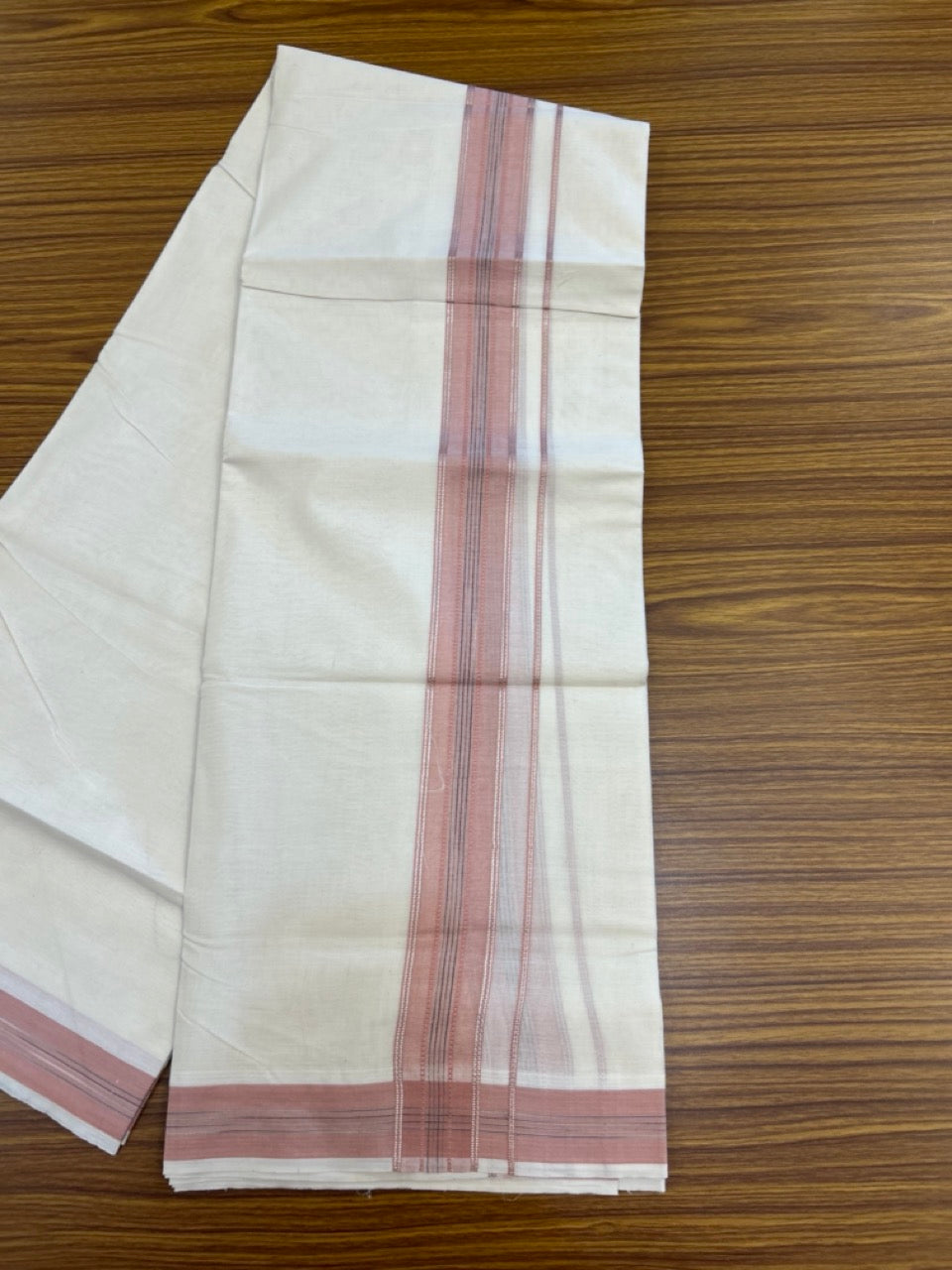 20% Discount ! Kaitharikada Balaramapuram 100% Cotton Off White Double Mundu/Dothi  - 100x80- 1.75 Inch Silver Kasav Peach Pink & Black Striped Kara - 4mtr (8.5muzham)- 17 KK5279 CKS