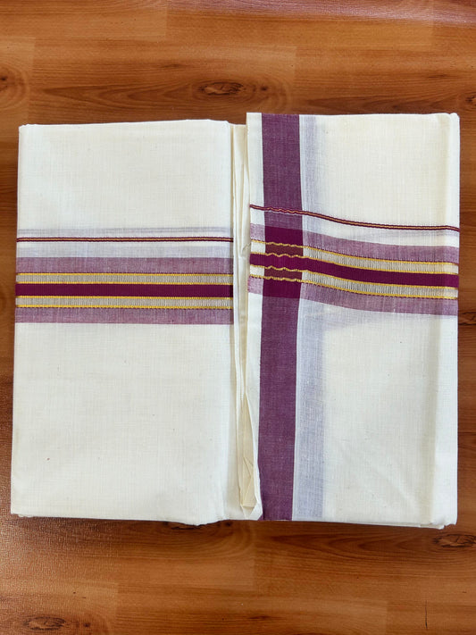 Double Off White - (Unbleached) Mundu/Dhoti - 20% Discount! KaithariKada Balaramapuram Mixed Cotton - 60s - 1.5 inch Gold Kasav & Tissue Magenta Striped Kara - 4 mtr (8.5 Muzham) - 26 KK5413 GAN