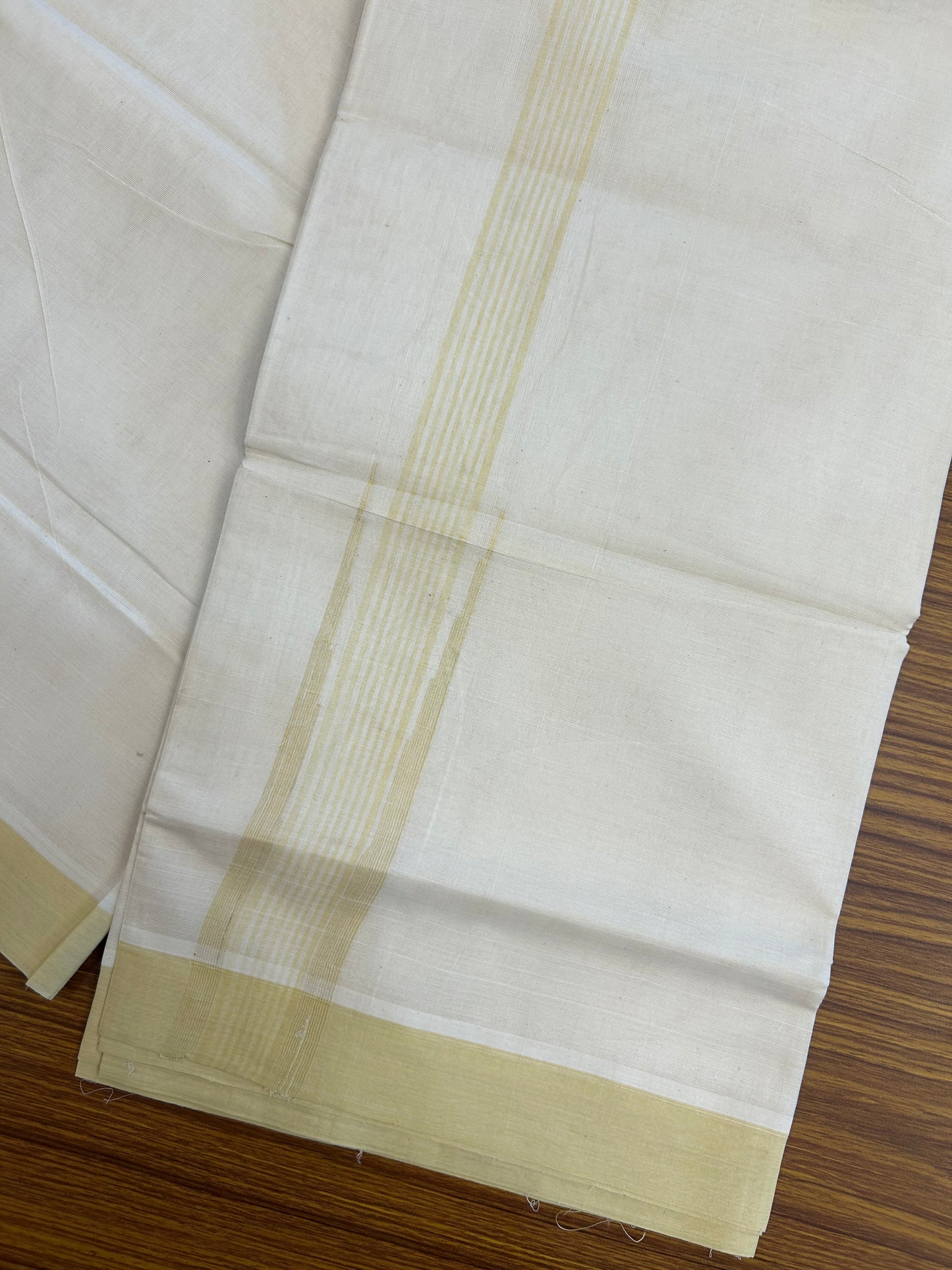 20% Discount ! Kaitharikada Balaramapuram 100% Cotton Off White Double Mundu/Dothi  - 100x80- 2 Inch Puliyilakkara Light Yellow Striped Chutty Kara - 4mtr (8.5muzham)- 21 KK5250 VIN