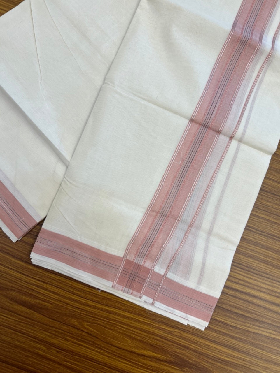 20% Discount ! Kaitharikada Balaramapuram 100% Cotton Off White Double Mundu/Dothi  - 100x80- 1.75 Inch Silver Kasav Peach Pink & Black Striped Kara - 4mtr (8.5muzham)- 17 KK5279 CKS