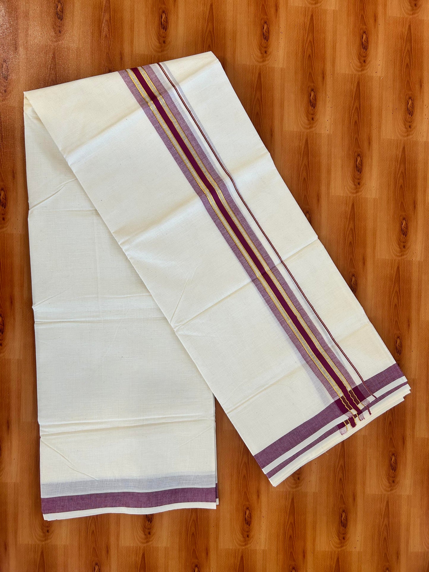 Double Off White - (Unbleached) Mundu/Dhoti - 20% Discount! KaithariKada Balaramapuram Mixed Cotton - 60s - 1.5 inch Gold Kasav & Tissue Magenta Striped Kara - 4 mtr (8.5 Muzham) - 26 KK5413 GAN
