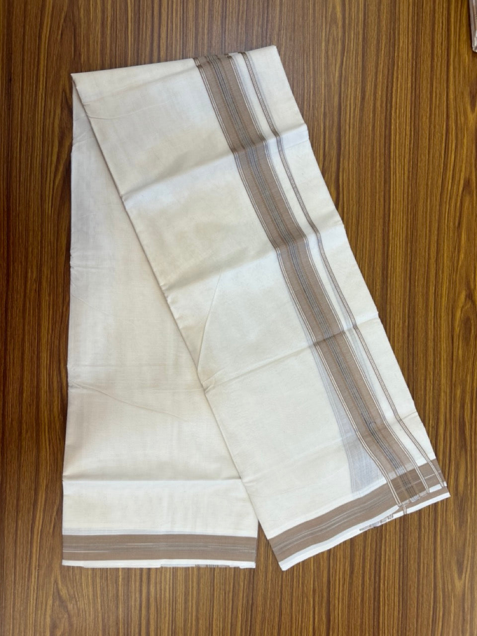 20% Discount ! Kaitharikada Balaramapuram 100% Cotton Off White Double Mundu/Dothi  - 100x80- 1.75 Inch Silver Kasav Sand Brown & Black Striped Kara - 4mtr (8.5muzham)- 19 KK5279 CKS