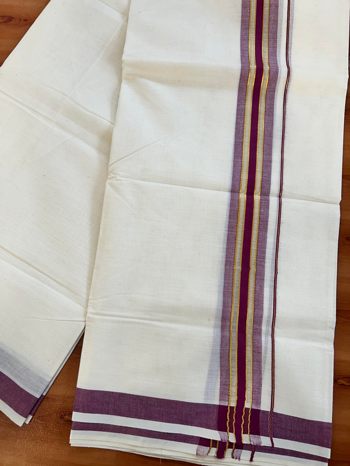 Double Off White - (Unbleached) Mundu/Dhoti - 20% Discount! KaithariKada Balaramapuram Mixed Cotton - 60s - 1.5 inch Gold Kasav & Tissue Magenta Striped Kara - 4 mtr (8.5 Muzham) - 26 KK5413 GAN