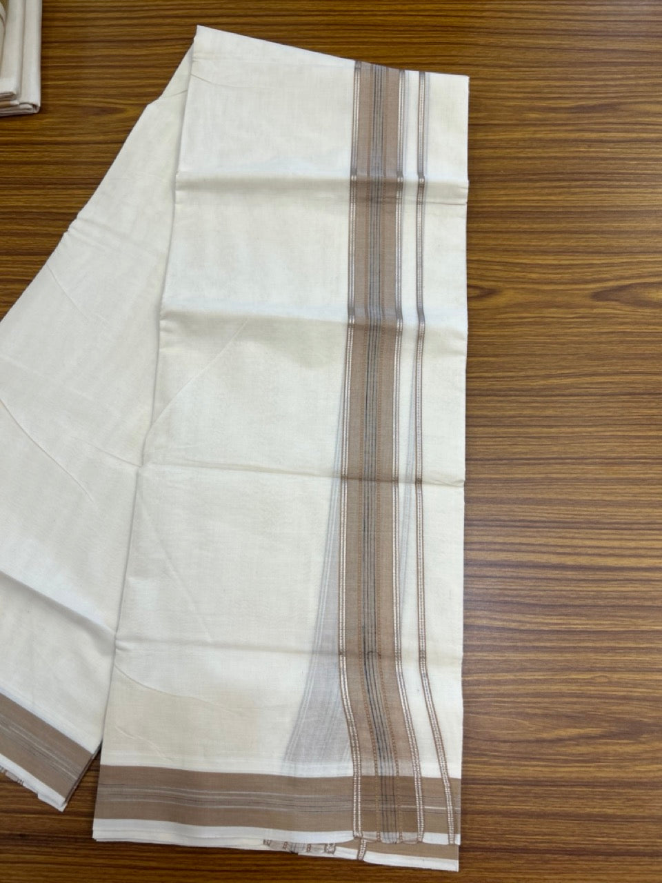 20% Discount ! Kaitharikada Balaramapuram 100% Cotton Off White Double Mundu/Dothi  - 100x80- 1.75 Inch Silver Kasav Sand Brown & Black Striped Kara - 4mtr (8.5muzham)- 19 KK5279 CKS