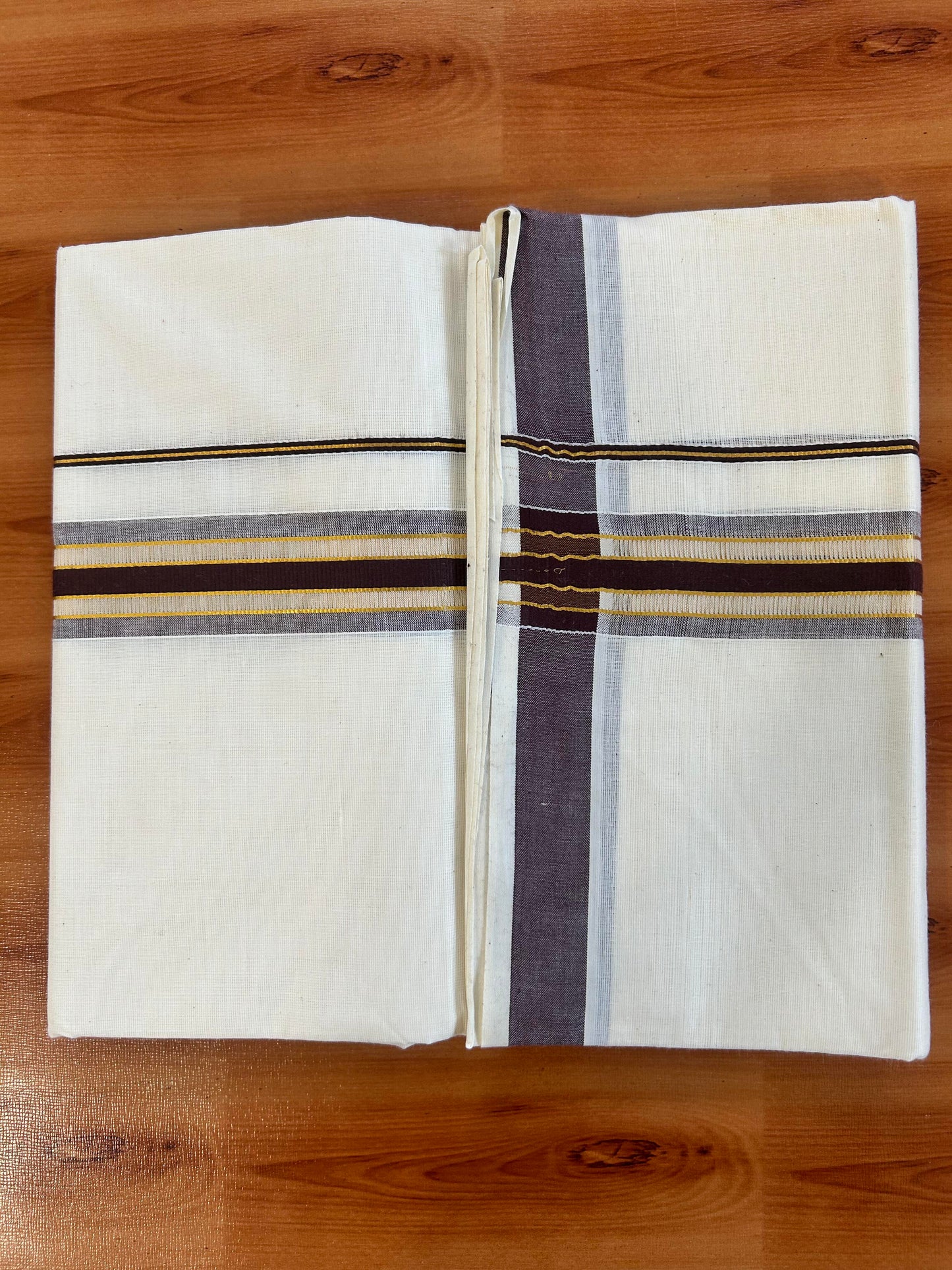 Double Off White - (Unbleached) Mundu/Dhoti - 20% Discount! KaithariKada Balaramapuram Mixed Cotton - 60s - 1.5 inch Gold Kasav & Tissue Brown Striped Kara - 4 mtr (8.5 Muzham) - 22 KK5413 GAN