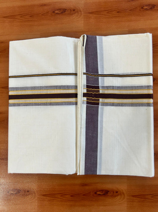 Double Off White - (Unbleached) Mundu/Dhoti - 20% Discount! KaithariKada Balaramapuram Mixed Cotton - 60s - 1.5 inch Gold Kasav & Tissue Brown Striped Kara - 4 mtr (8.5 Muzham) - 22 KK5413 GAN