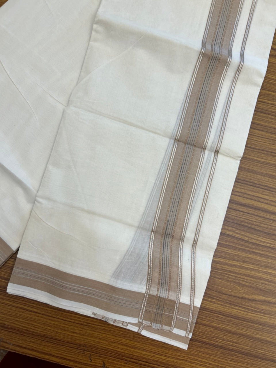 20% Discount ! Kaitharikada Balaramapuram 100% Cotton Off White Double Mundu/Dothi  - 100x80- 1.75 Inch Silver Kasav Sand Brown & Black Striped Kara - 4mtr (8.5muzham)- 19 KK5279 CKS