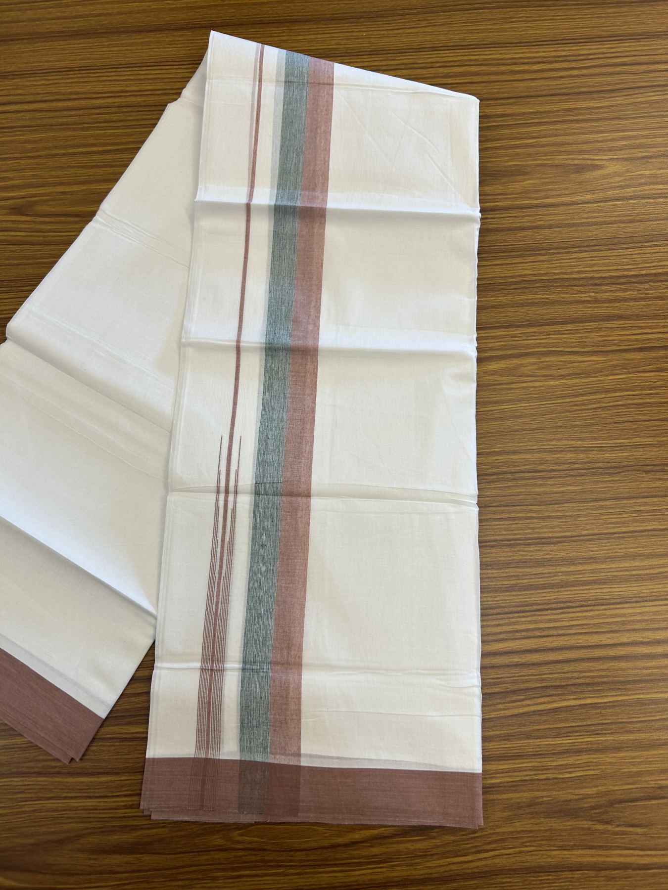20% Discount ! Kaitharikada Balaramapuram 100% Pure Cotton Double Pure White Mundu/Dhoti - 100x80 - 1.5 inch Dusty Rose & Teal Green Striped Shaded Chutty 3.90 mtr (8 muzham) - 18 KK5312 PMC