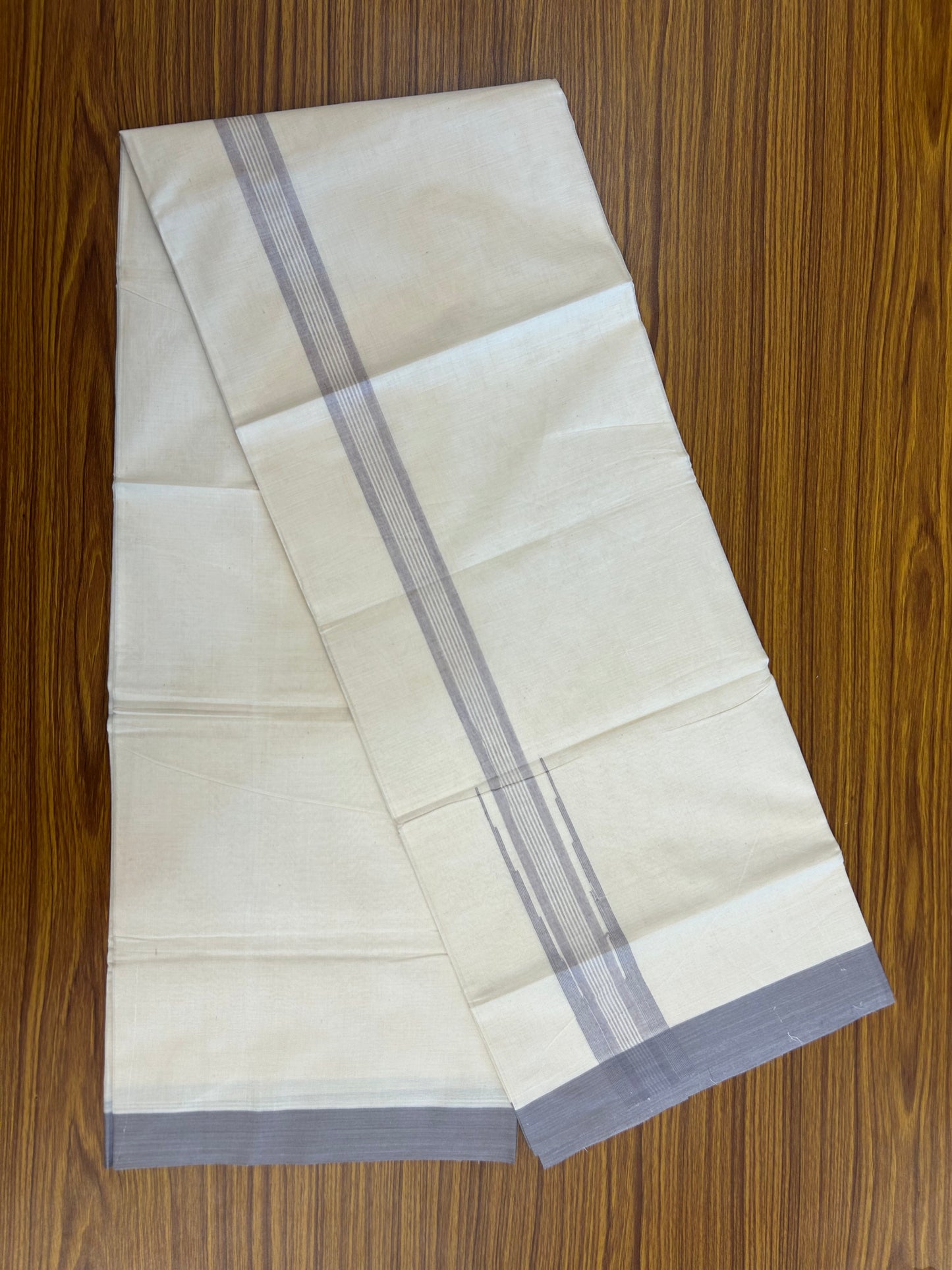 20% Discount ! Kaitharikada Balaramapuram 100% Cotton Off White Double Mundu/Dothi  - 100x80- 2 Inch Puliyilakkara Ash Lavender Striped Chutty Kara - 4mtr (8.5muzham)- 23 KK5250 VIN