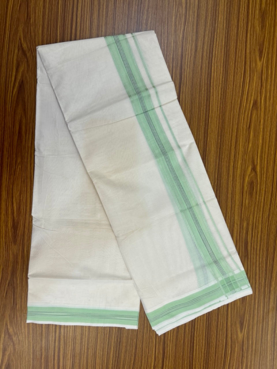 20% Discount ! Kaitharikada Balaramapuram 100% Cotton Off White Double Mundu/Dothi  - 100x80- 1.5 Inch Silver Kasav Light Green & Black Striped Kara - 4mtr (8.5muzham)- 13 KK5279 CKS