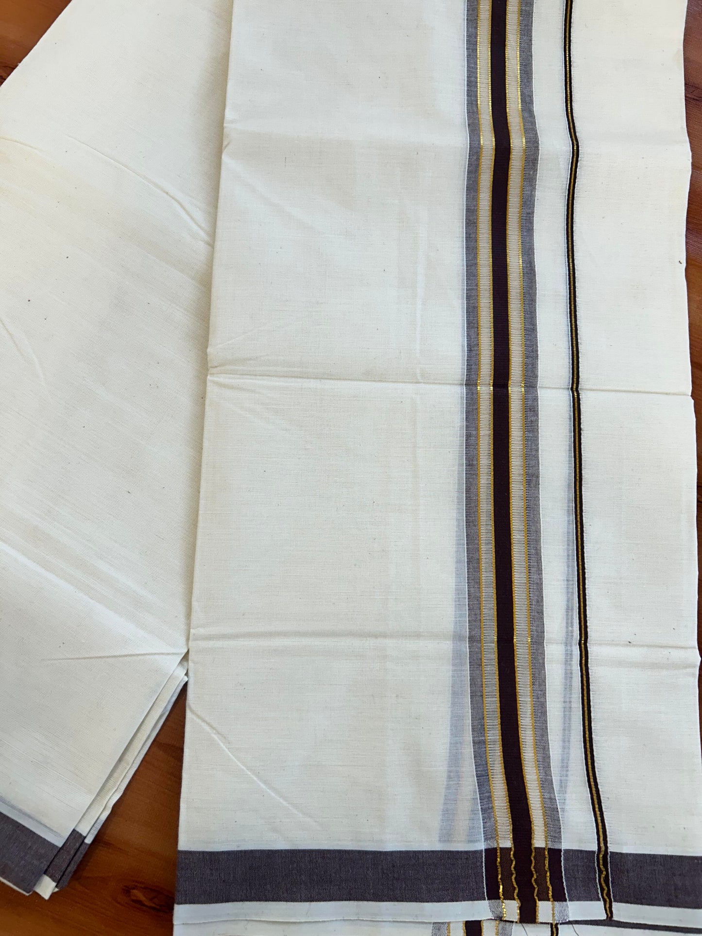 Double Off White - (Unbleached) Mundu/Dhoti - 20% Discount! KaithariKada Balaramapuram Mixed Cotton - 60s - 1.5 inch Gold Kasav & Tissue Brown Striped Kara - 4 mtr (8.5 Muzham) - 22 KK5413 GAN