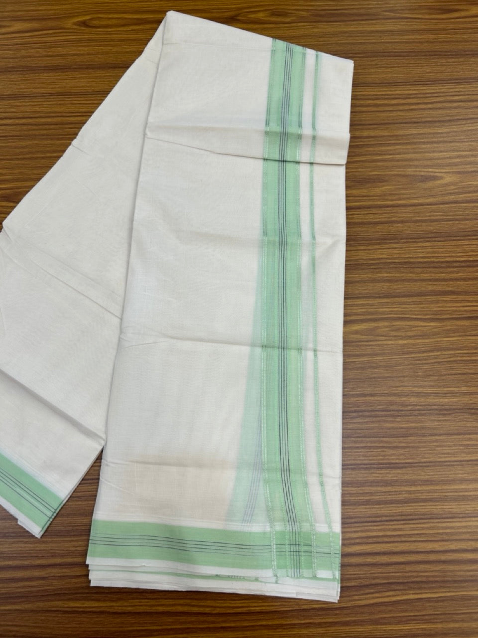 20% Discount ! Kaitharikada Balaramapuram 100% Cotton Off White Double Mundu/Dothi  - 100x80- 1.5 Inch Silver Kasav Light Green & Black Striped Kara - 4mtr (8.5muzham)- 13 KK5279 CKS