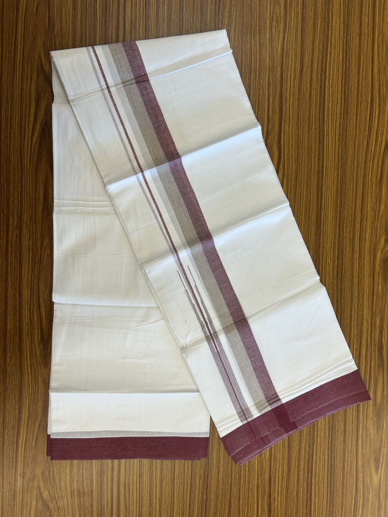 20% Discount ! Kaitharikada Balaramapuram 100% Pure Cotton Double Pure White Mundu/Dhoti - 100x80 - 1.5 inch Maroon & Light Brown Striped Shaded Chutty 3.90 mtr (8 muzham) - 17 KK5312 PMC