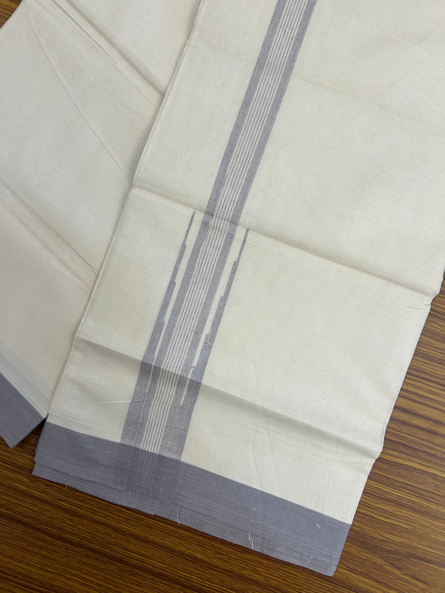 20% Discount ! Kaitharikada Balaramapuram 100% Cotton Off White Double Mundu/Dothi  - 100x80- 2 Inch Puliyilakkara Ash Lavender Striped Chutty Kara - 4mtr (8.5muzham)- 23 KK5250 VIN