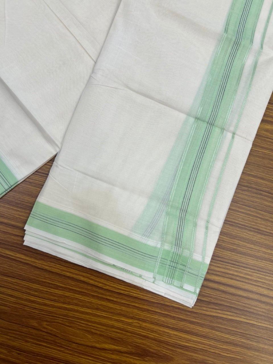 20% Discount ! Kaitharikada Balaramapuram 100% Cotton Off White Double Mundu/Dothi  - 100x80- 1.5 Inch Silver Kasav Light Green & Black Striped Kara - 4mtr (8.5muzham)- 13 KK5279 CKS