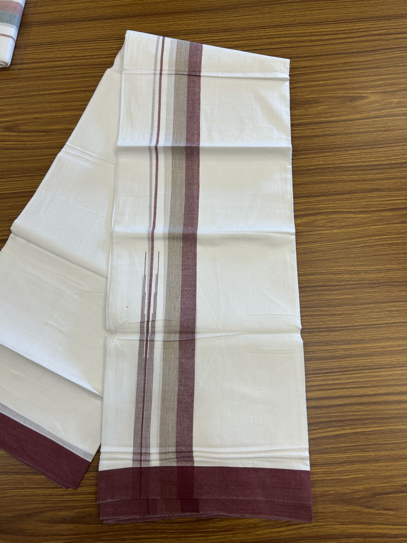 20% Discount ! Kaitharikada Balaramapuram 100% Pure Cotton Double Pure White Mundu/Dhoti - 100x80 - 1.5 inch Maroon & Light Brown Striped Shaded Chutty 3.90 mtr (8 muzham) - 17 KK5312 PMC
