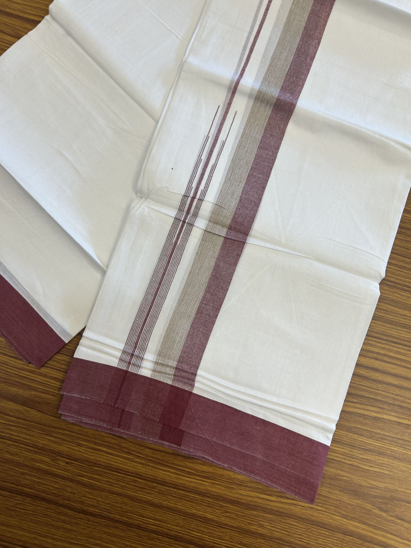 20% Discount ! Kaitharikada Balaramapuram 100% Pure Cotton Double Pure White Mundu/Dhoti - 100x80 - 1.5 inch Maroon & Light Brown Striped Shaded Chutty 3.90 mtr (8 muzham) - 17 KK5312 PMC