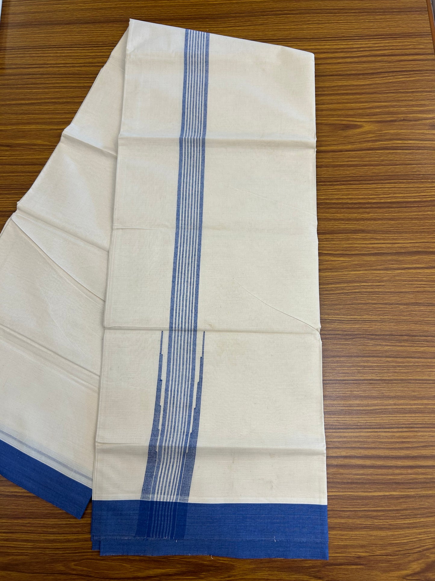 20% Discount ! Kaitharikada Balaramapuram 100% Cotton Off White Double Mundu/Dothi  - 100x80- 2 Inch Puliyilakkara Blue Striped Chutty Kara - 4mtr (8.5muzham)- 24 KK5250 VIN