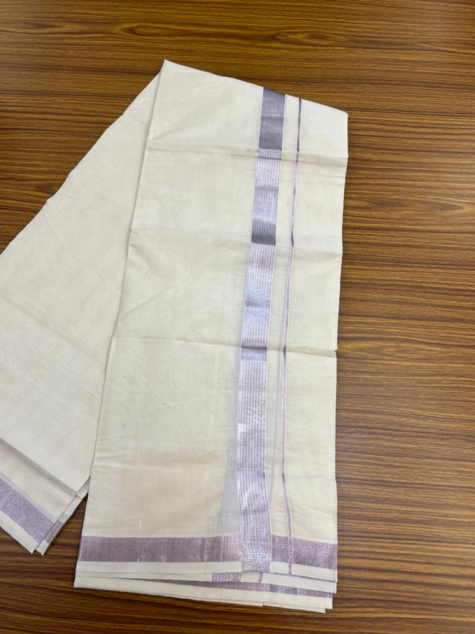 20% Discount ! Kaitharikada Balaramapuram 100% Cotton Off White Double Mundu/Dothi  - 100x80- 1.25 Inch Silver Kasav & Rose Pink Kasav Striped Kara - 4mtr (8.5muzham)- 2 KK5279 CKS