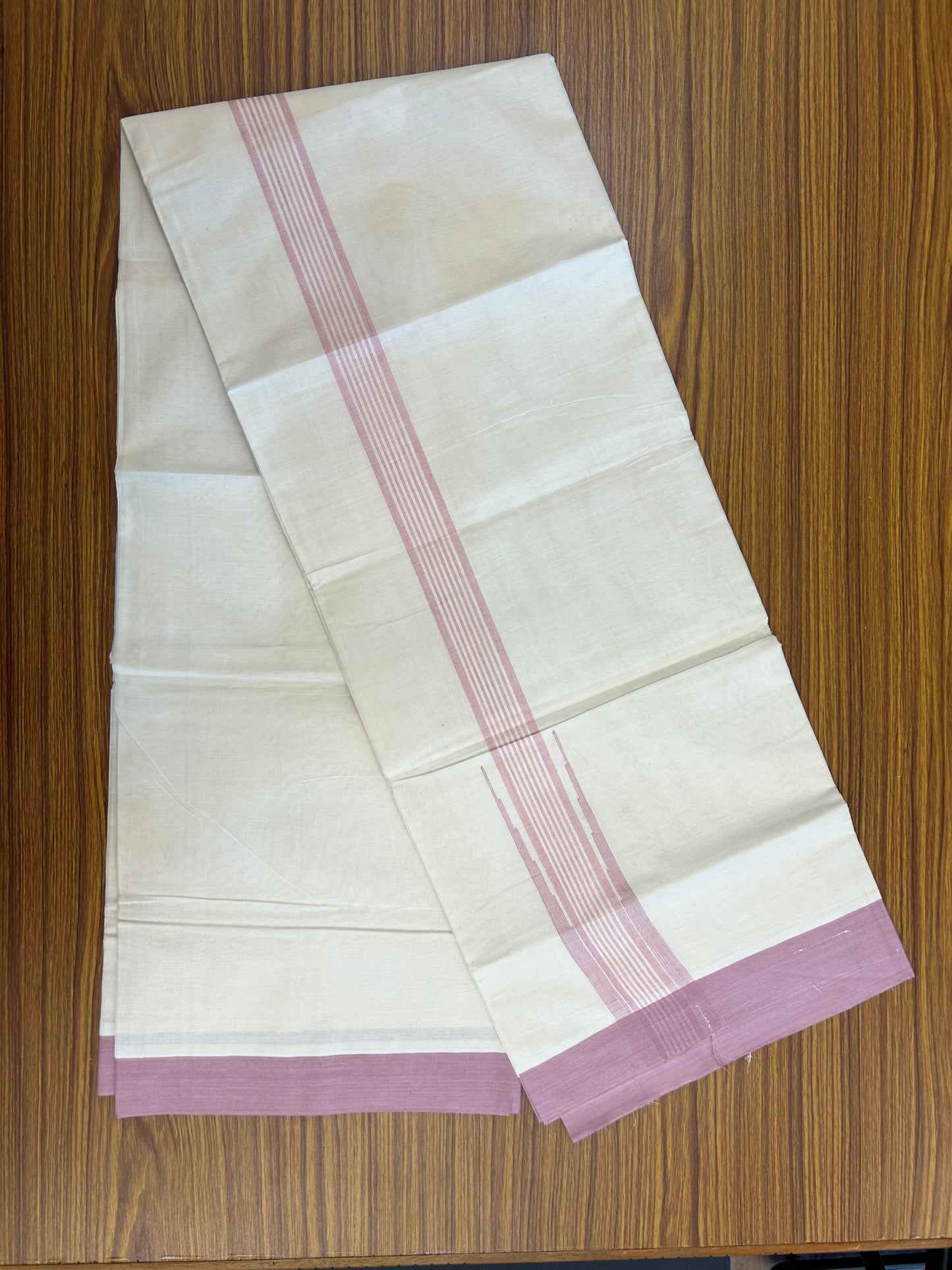 20% Discount ! Kaitharikada Balaramapuram 100% Cotton Off White Double Mundu/Dothi  - 100x80- 2 Inch Puliyilakkara Light Rose Pink Striped Chutty Kara - 4mtr (8.5muzham)- 25 KK5250 VIN