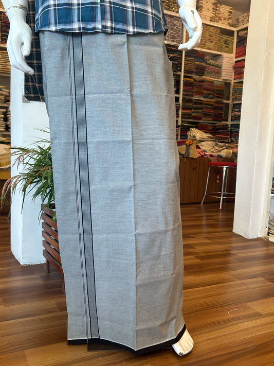 35% Discount !! KaithariKada 100% Pure Cotton - Colour Mundu Single Mundu/ Dhothi Ash Grey COLOUR BODY &  Black Striped 1.5 inch Kara (2 meter / 4 muzham)- 10KK5030ASH