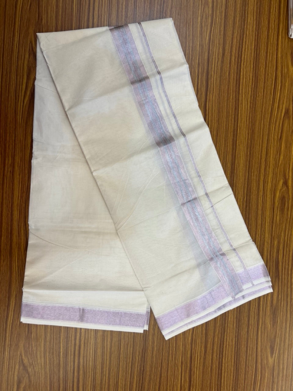 20% Discount ! Kaitharikada Balaramapuram 100% Cotton Off White Double Mundu/Dothi  - 100x80- 1.5 Inch Silver Kasav & Rose Pink Kasav Striped Kara - 4mtr (8.5muzham)- 3 KK5279 CKS
