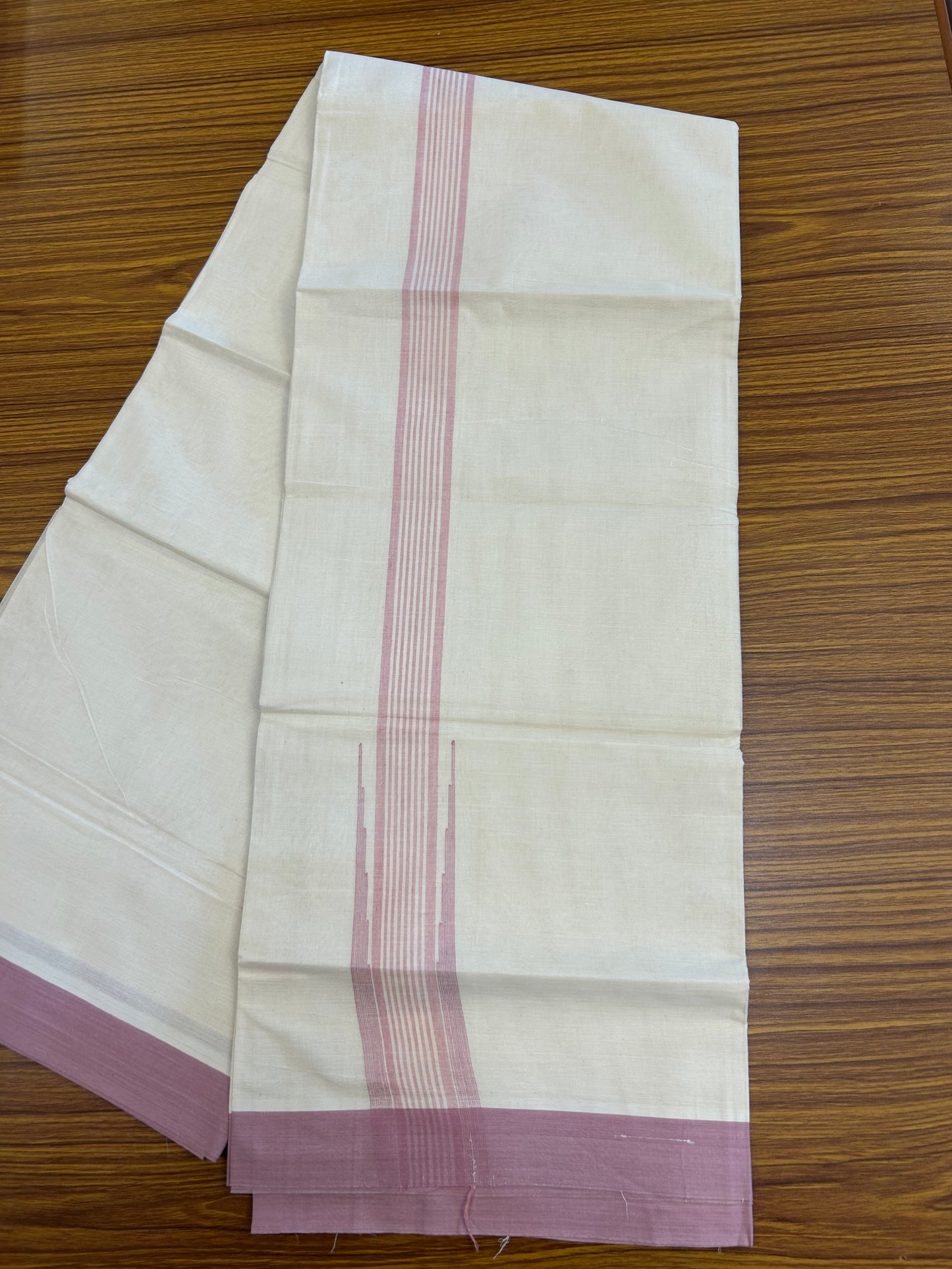 20% Discount ! Kaitharikada Balaramapuram 100% Cotton Off White Double Mundu/Dothi  - 100x80- 2 Inch Puliyilakkara Light Rose Pink Striped Chutty Kara - 4mtr (8.5muzham)- 25 KK5250 VIN