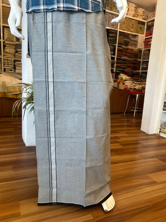 35% Discount !! KaithariKada 100% Pure Cotton - Colour Mundu Single Mundu/ Dhothi Ash Grey COLOUR BODY &  Black Shaded 1.25 inch Kara (2 metre / 4 muzham)- 9KK5030ASH