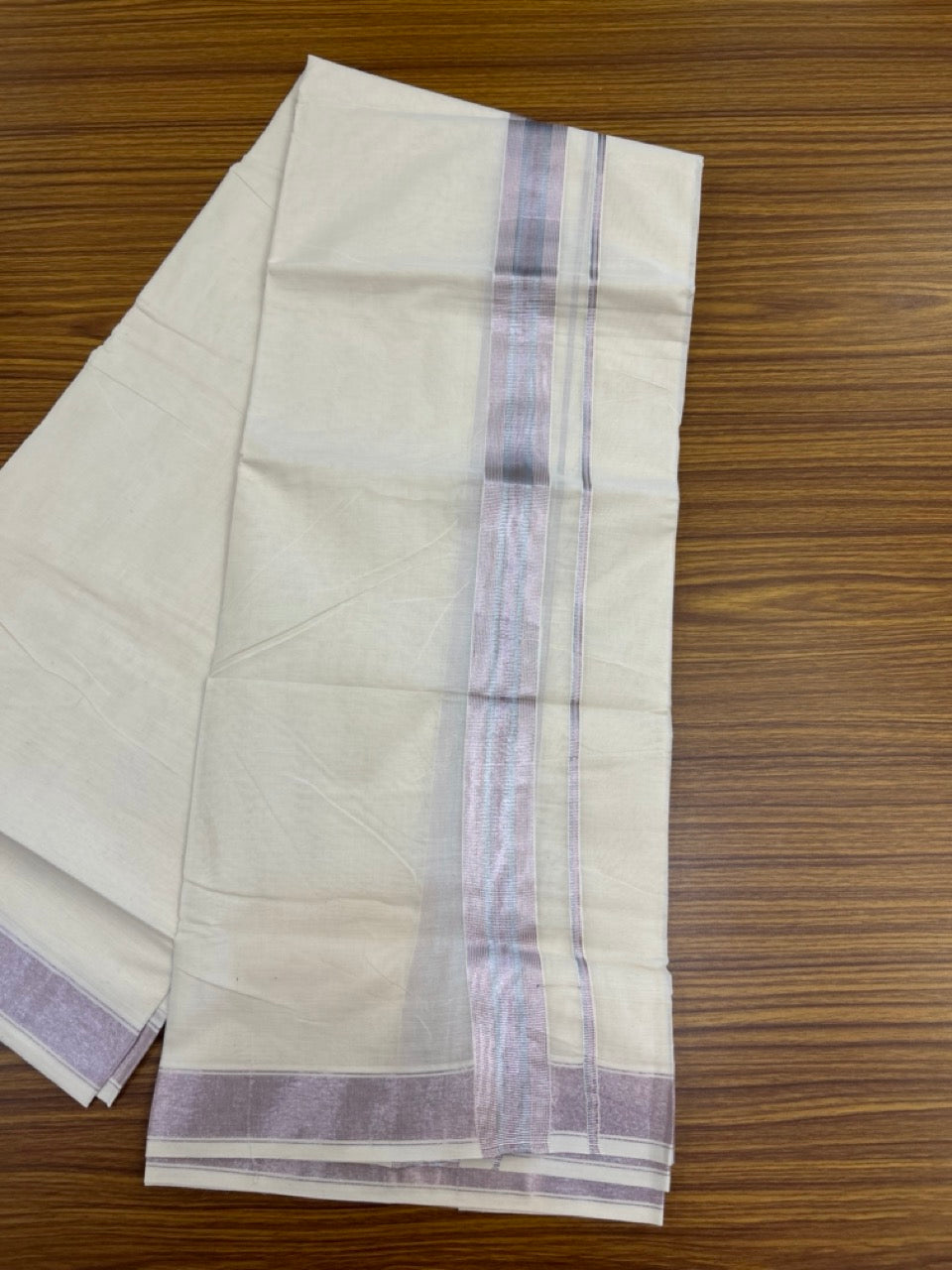 20% Discount ! Kaitharikada Balaramapuram 100% Cotton Off White Double Mundu/Dothi  - 100x80- 1.5 Inch Silver Kasav & Rose Pink Kasav Striped Kara - 4mtr (8.5muzham)- 3 KK5279 CKS