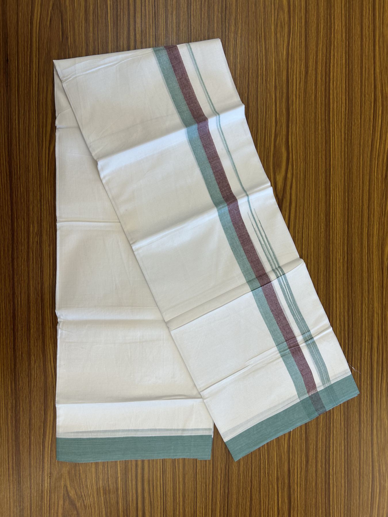 20% Discount ! Kaitharikada Balaramapuram 100% Pure Cotton Double Pure White Mundu/Dhoti - 100x80 - 1.25 inch Wine purple & Ocean Green Striped Shaded Chutty 3.90 mtr (8 muzham) - 20 KK5312 PMC