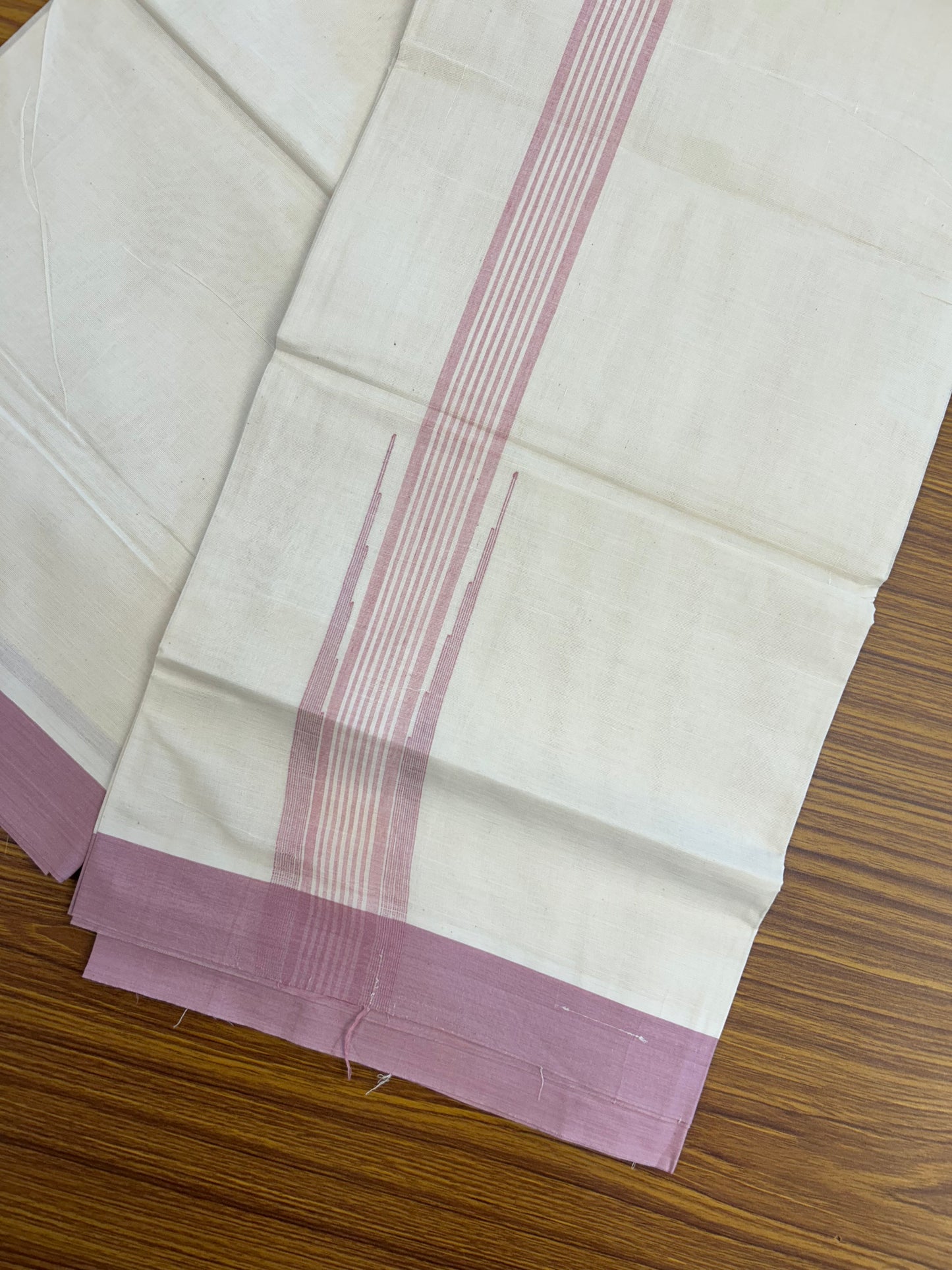20% Discount ! Kaitharikada Balaramapuram 100% Cotton Off White Double Mundu/Dothi  - 100x80- 2 Inch Puliyilakkara Light Rose Pink Striped Chutty Kara - 4mtr (8.5muzham)- 25 KK5250 VIN