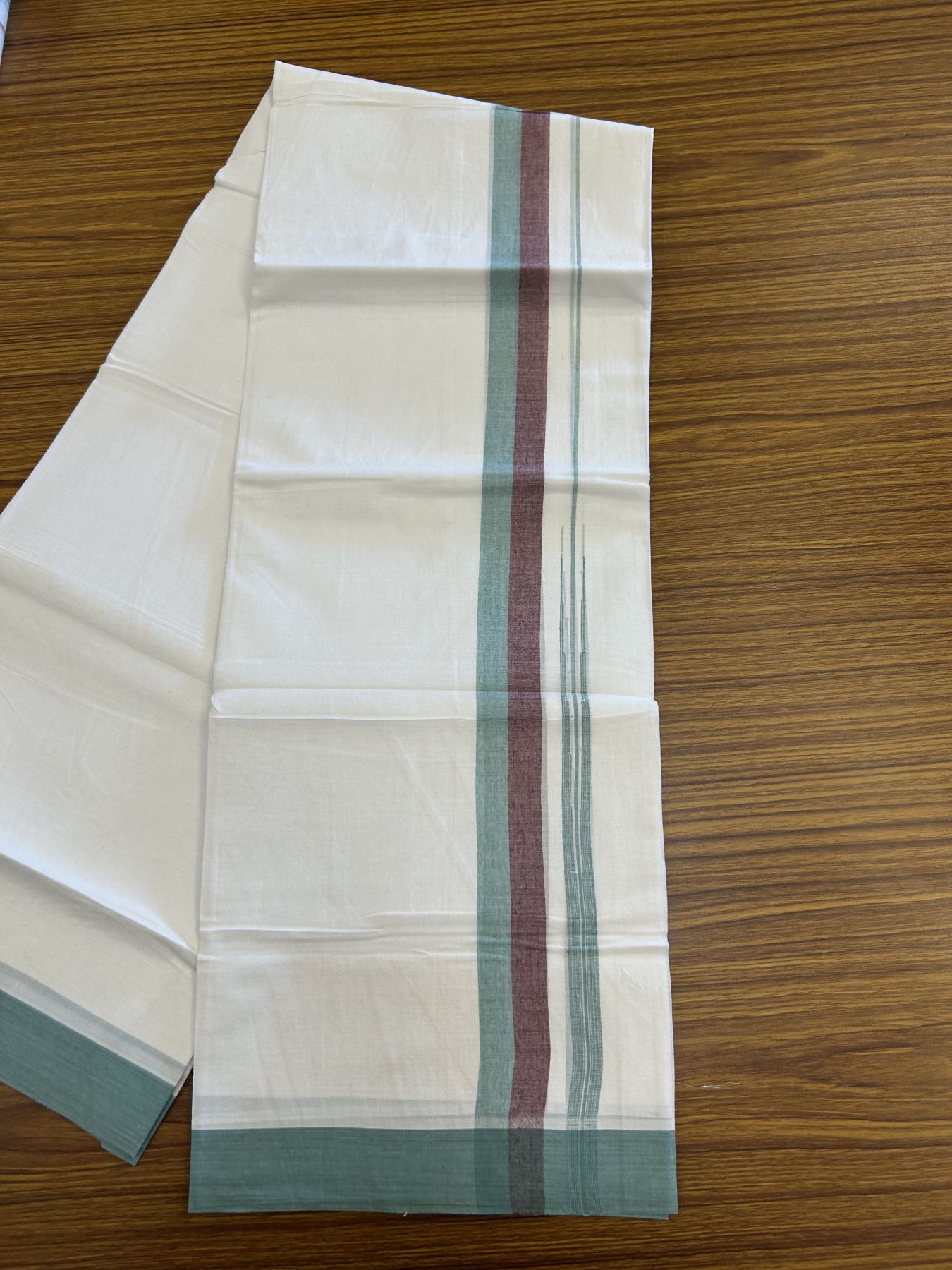 20% Discount ! Kaitharikada Balaramapuram 100% Pure Cotton Double Pure White Mundu/Dhoti - 100x80 - 1.25 inch Wine purple & Ocean Green Striped Shaded Chutty 3.90 mtr (8 muzham) - 20 KK5312 PMC