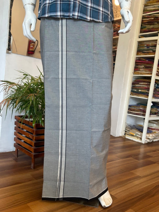 33% Discount !! KaithariKada 100% Pure Cotton - Colour Mundu Single Mundu/ Dhothi Ash Grey COLOUR BODY &  Black Striped Silver Chutty 1.25 inch Kara (2 metre / 4 muzham)- 7KK5030ASH