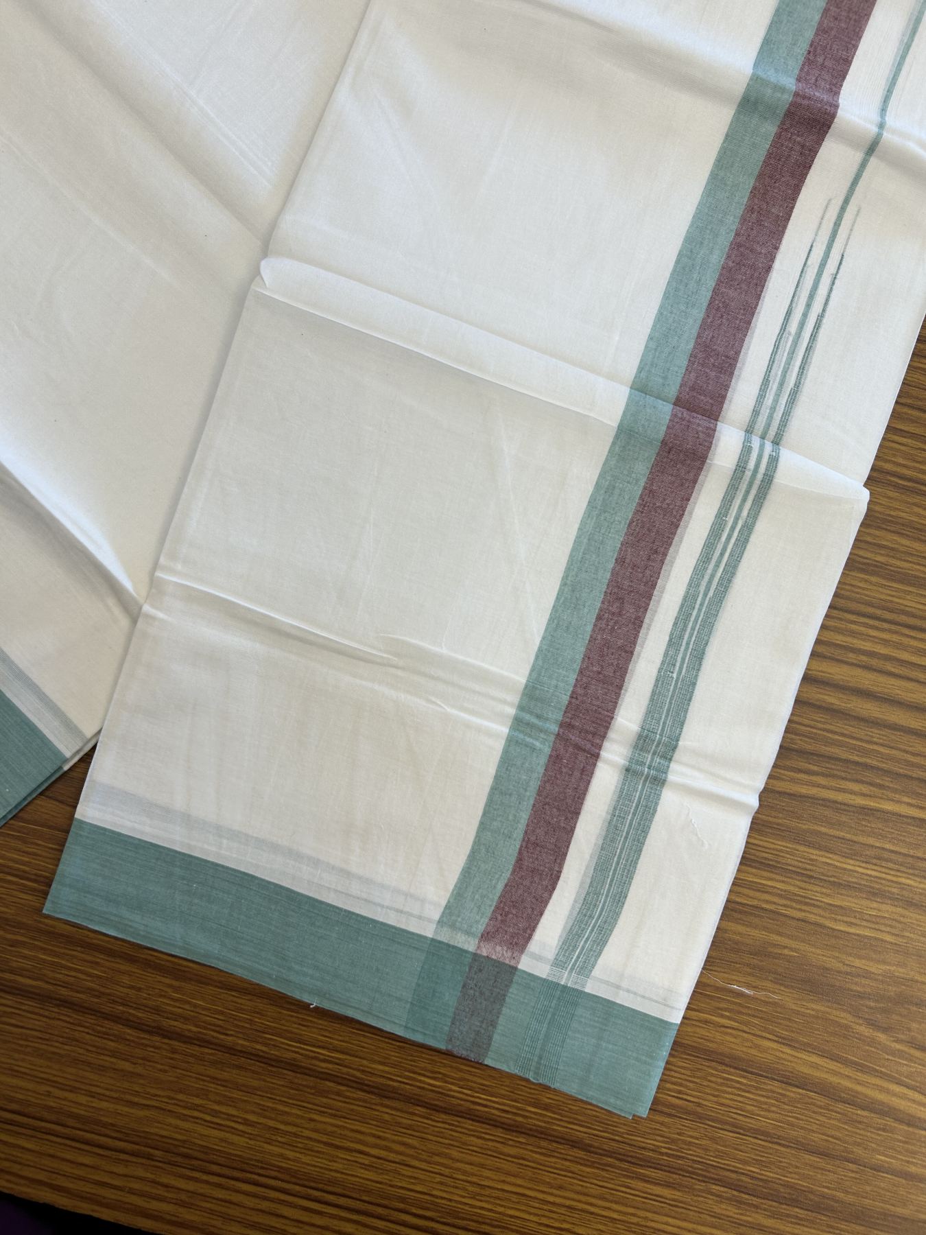 20% Discount ! Kaitharikada Balaramapuram 100% Pure Cotton Double Pure White Mundu/Dhoti - 100x80 - 1.25 inch Wine purple & Ocean Green Striped Shaded Chutty 3.90 mtr (8 muzham) - 20 KK5312 PMC