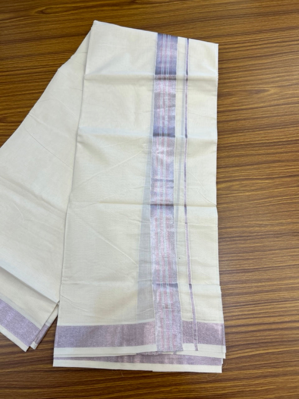 20% Discount ! Kaitharikada Balaramapuram 100% Cotton Off White Double Mundu/Dothi  - 100x80- 1.5 Inch Silver Kasav & Rose Pink Kasav Striped Kara - 4mtr (8.5muzham)- 5 KK5279 CKS