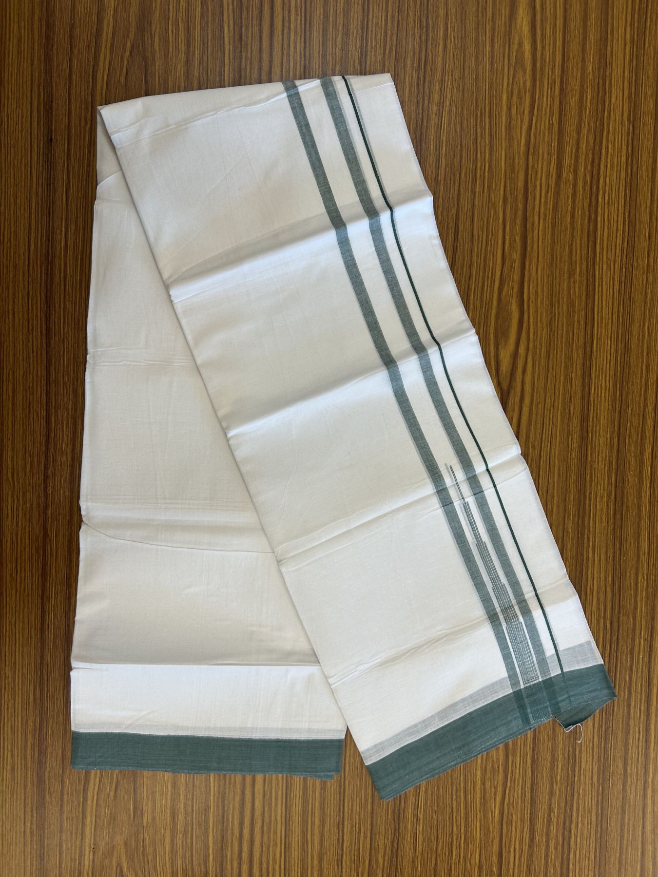 20% Discount ! Kaitharikada Balaramapuram 100% Pure Cotton Double Pure White Mundu/Dhoti - 100x80 - 1.5 inch Teal Green Striped Chutty 3.90 mtr (8 muzham) - 12 KK5312 PMC