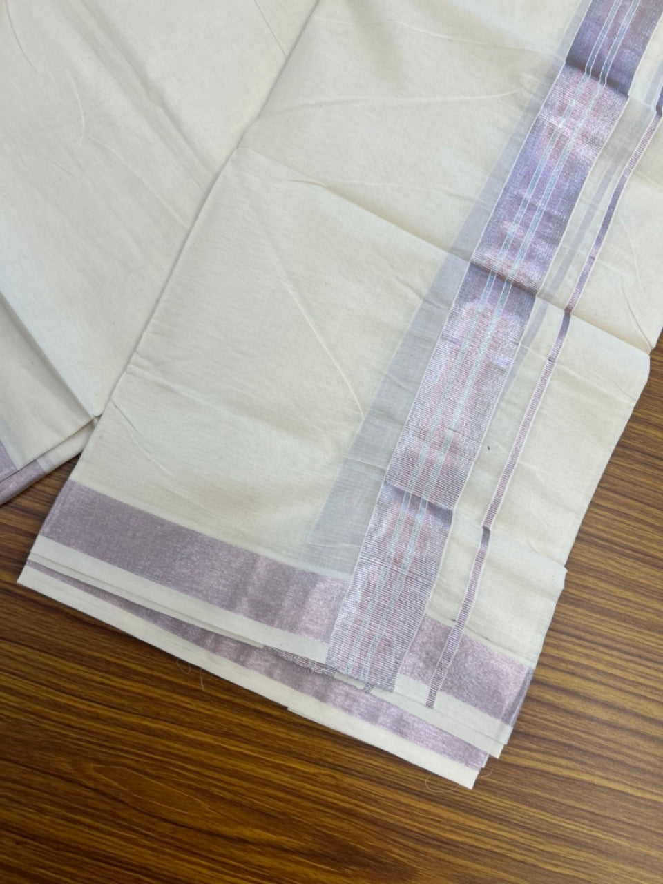 20% Discount ! Kaitharikada Balaramapuram 100% Cotton Off White Double Mundu/Dothi  - 100x80- 1.5 Inch Silver Kasav & Rose Pink Kasav Striped Kara - 4mtr (8.5muzham)- 5 KK5279 CKS