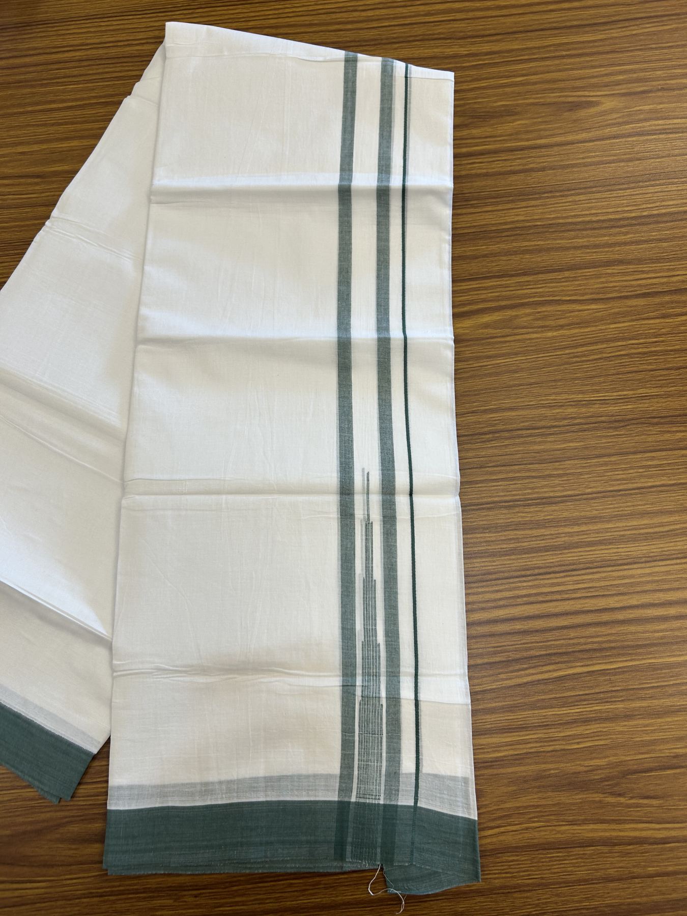 20% Discount ! Kaitharikada Balaramapuram 100% Pure Cotton Double Pure White Mundu/Dhoti - 100x80 - 1.5 inch Teal Green Striped Chutty 3.90 mtr (8 muzham) - 12 KK5312 PMC