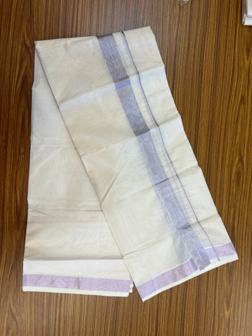 20% Discount ! Kaitharikada Balaramapuram 100% Cotton Off White Double Mundu/Dothi  - 100x80- 1.5 Inch Silver Kasav & Rose Pink Kasav Striped Kara - 4mtr (8.5muzham)- 4 KK5279 CKS