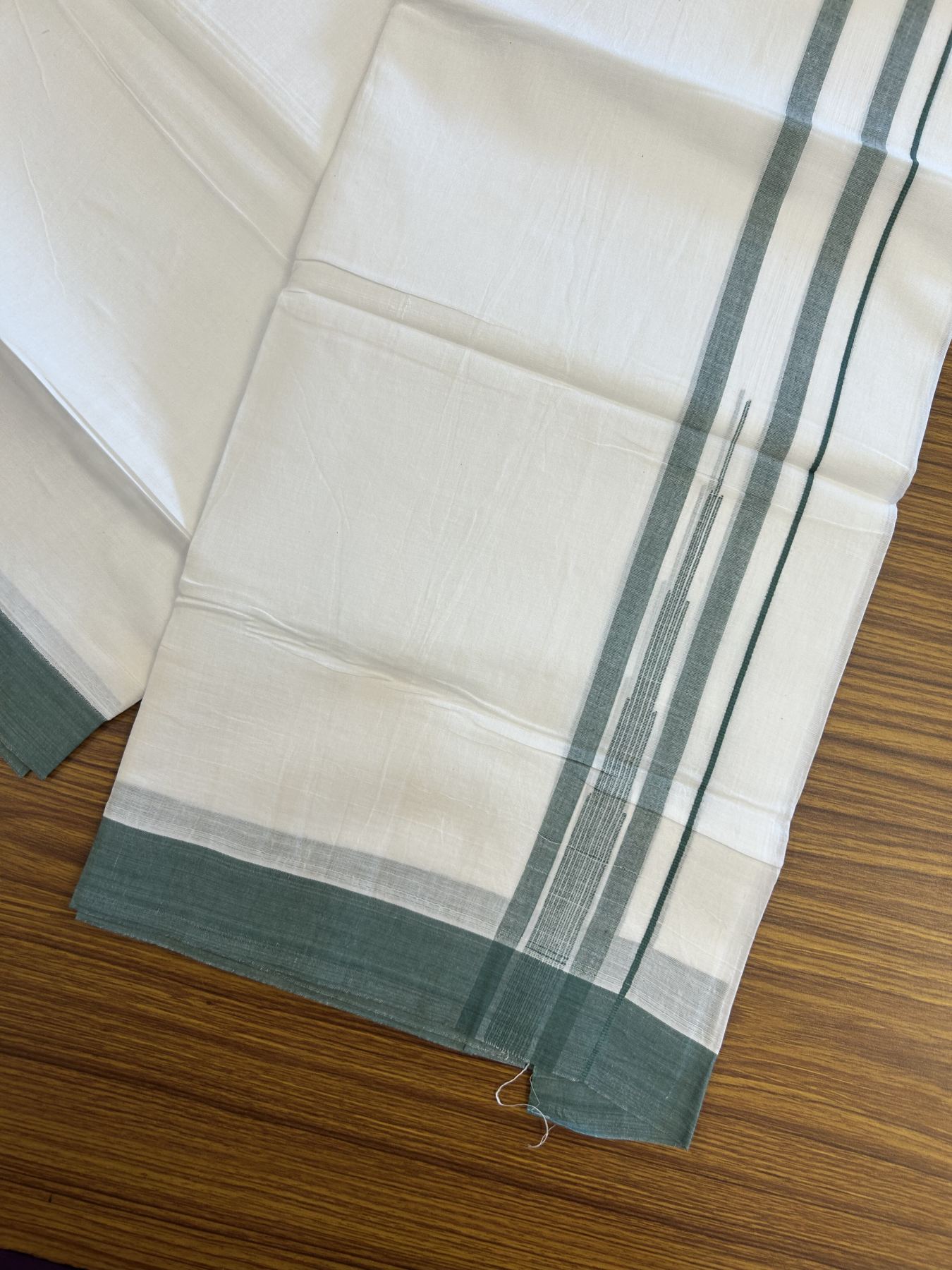 20% Discount ! Kaitharikada Balaramapuram 100% Pure Cotton Double Pure White Mundu/Dhoti - 100x80 - 1.5 inch Teal Green Striped Chutty 3.90 mtr (8 muzham) - 12 KK5312 PMC