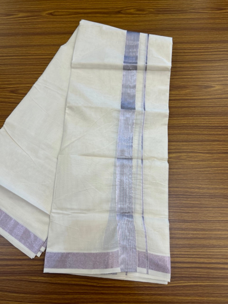 20% Discount ! Kaitharikada Balaramapuram 100% Cotton Off White Double Mundu/Dothi  - 100x80- 1.5 Inch Silver Kasav & Rose Pink Kasav Striped Kara - 4mtr (8.5muzham)- 4 KK5279 CKS
