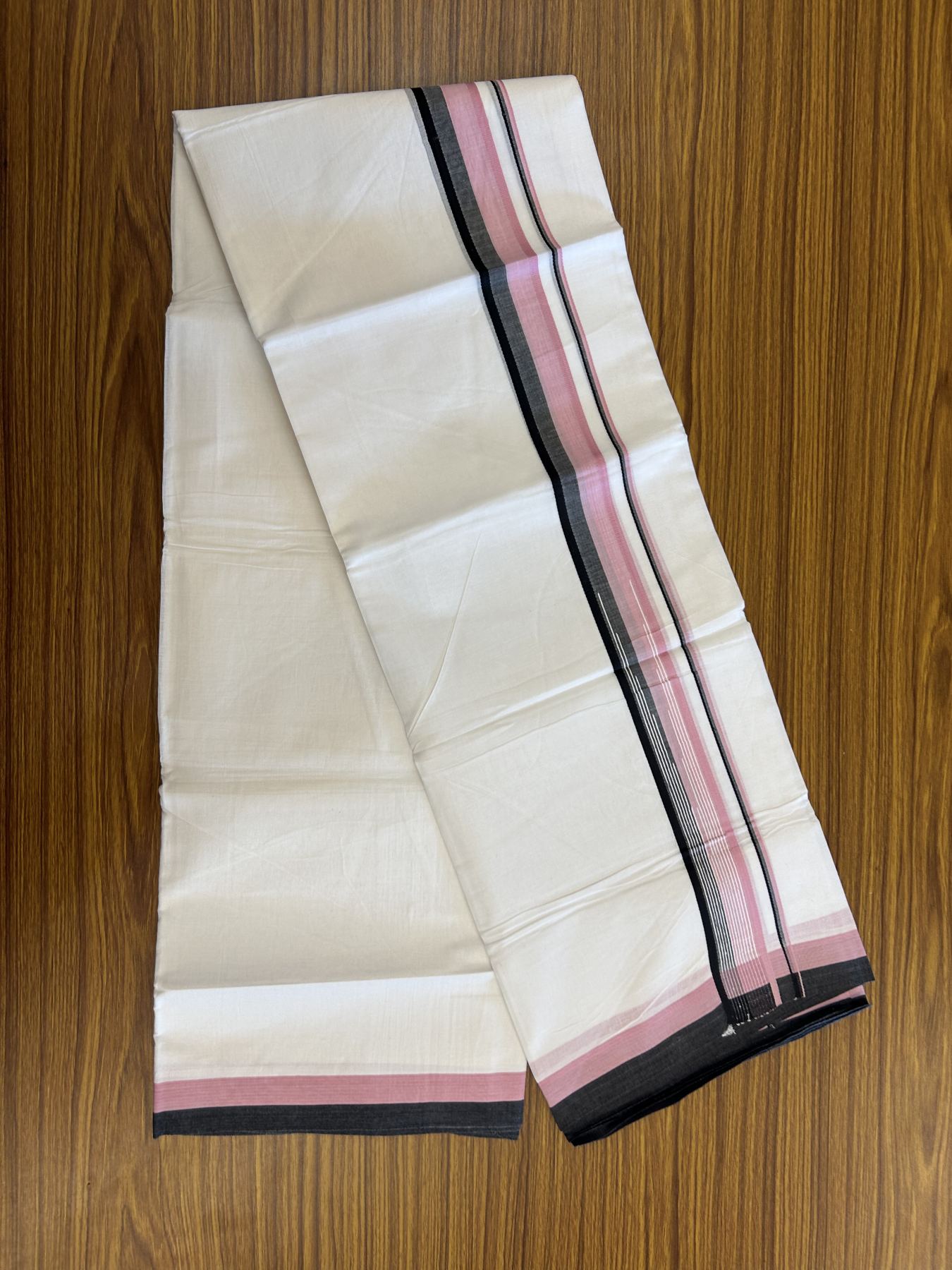 20% Discount ! Kaitharikada Balaramapuram 100% Pure Cotton Double Pure White Mundu/Dhoti - 100x80 - 1.5 inch Pinkish Lavender & Black Striped Chutty 3.90 mtr (8 muzham) - 11 KK5312 PMC