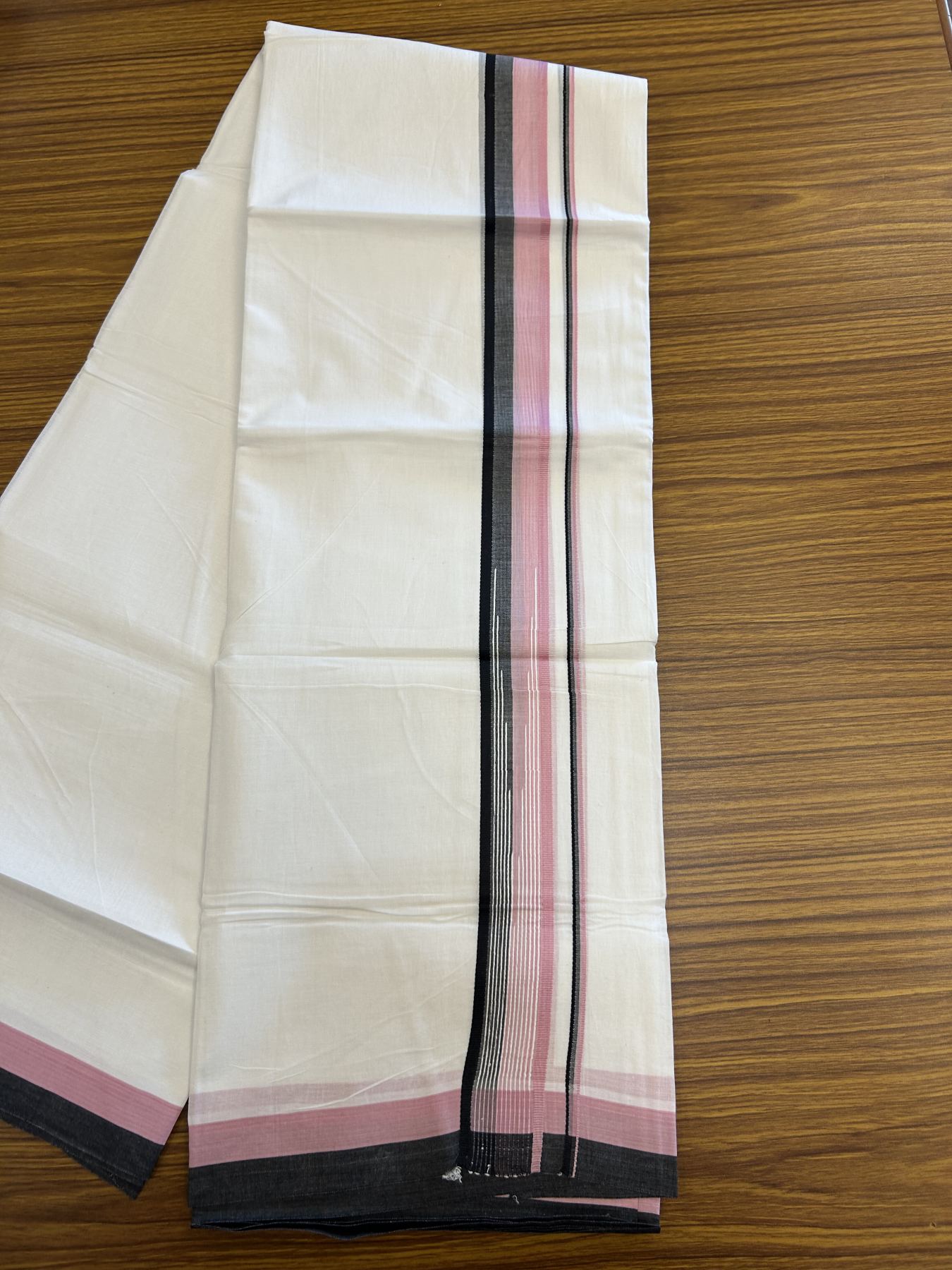 20% Discount ! Kaitharikada Balaramapuram 100% Pure Cotton Double Pure White Mundu/Dhoti - 100x80 - 1.5 inch Pinkish Lavender & Black Striped Chutty 3.90 mtr (8 muzham) - 11 KK5312 PMC