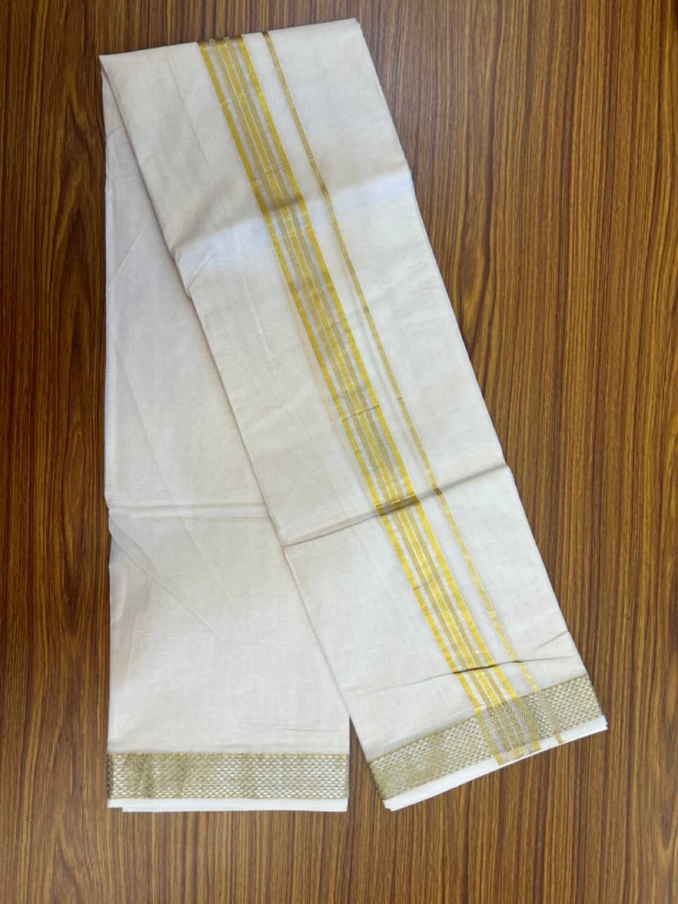 20% DISCOUNT ! KaithariKada  Balaramapuram - 100% PURE Cotton Off White - (Unbleached) Double Mundu/Dhoti - 100X80 -  1.25 inch Gold Kasavu & Silver Kasavu Striped Kara -  1 KK5279 CKS