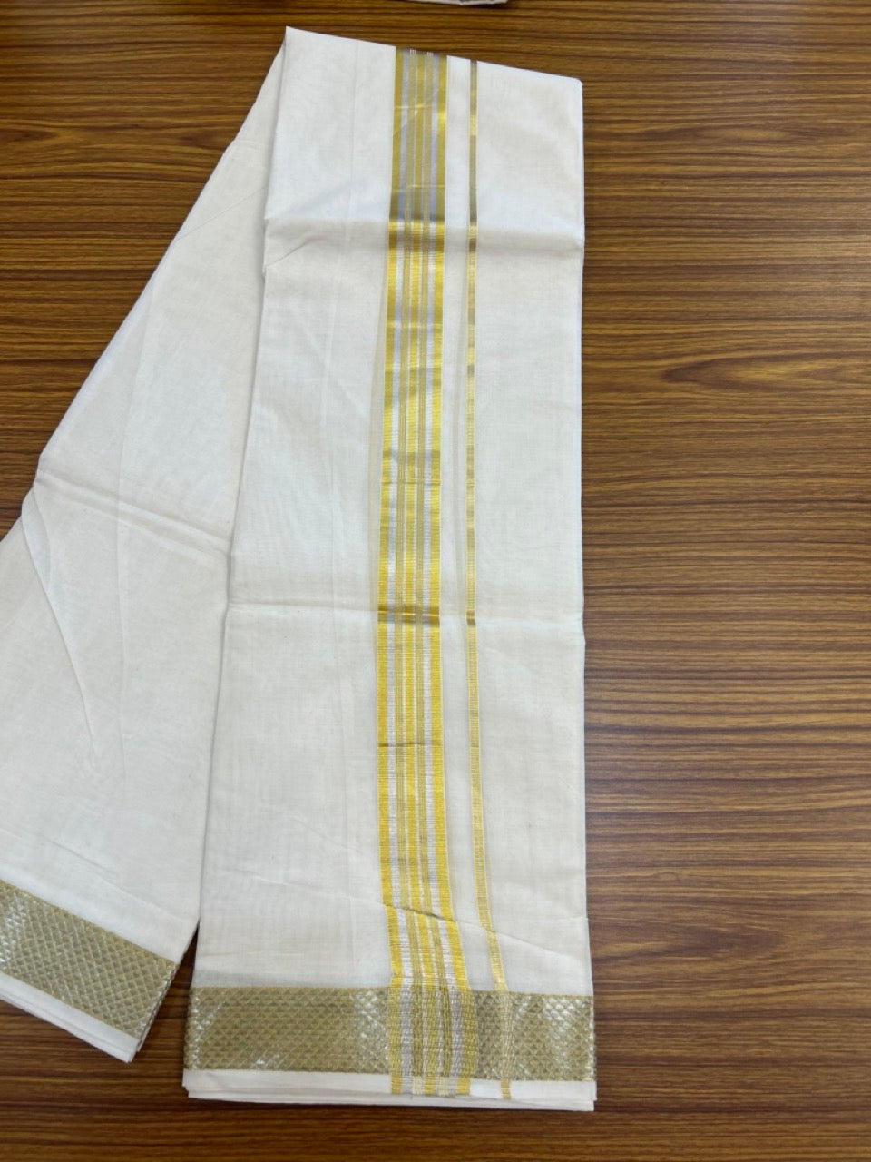 20% DISCOUNT ! KaithariKada  Balaramapuram - 100% PURE Cotton Off White - (Unbleached) Double Mundu/Dhoti - 100X80 -  1.25 inch Gold Kasavu & Silver Kasavu Striped Kara -  1 KK5279 CKS